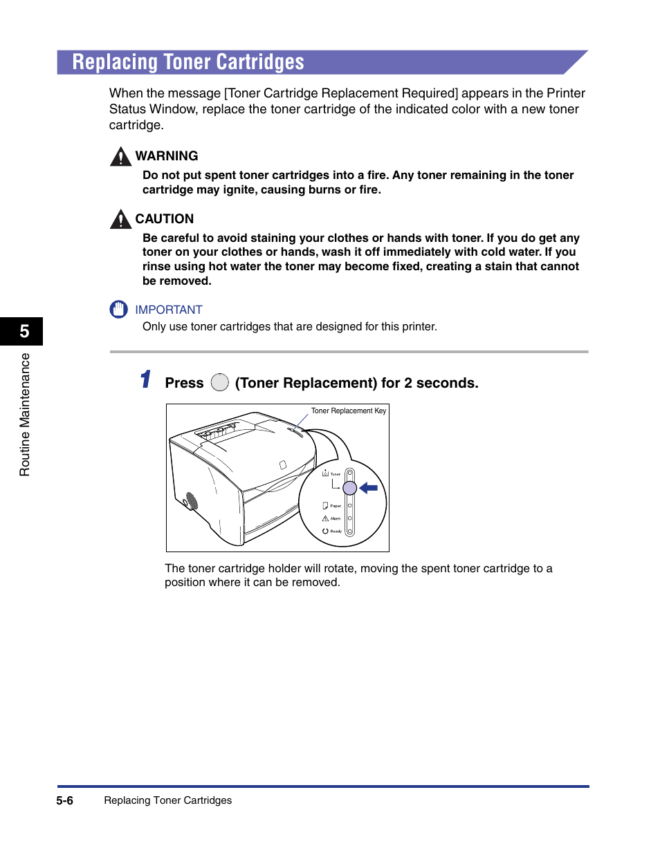 Replacing toner cartridges, Replacing toner cartridges -6 | Axis Communications LBP 5200 User Manual | Page 253 / 389