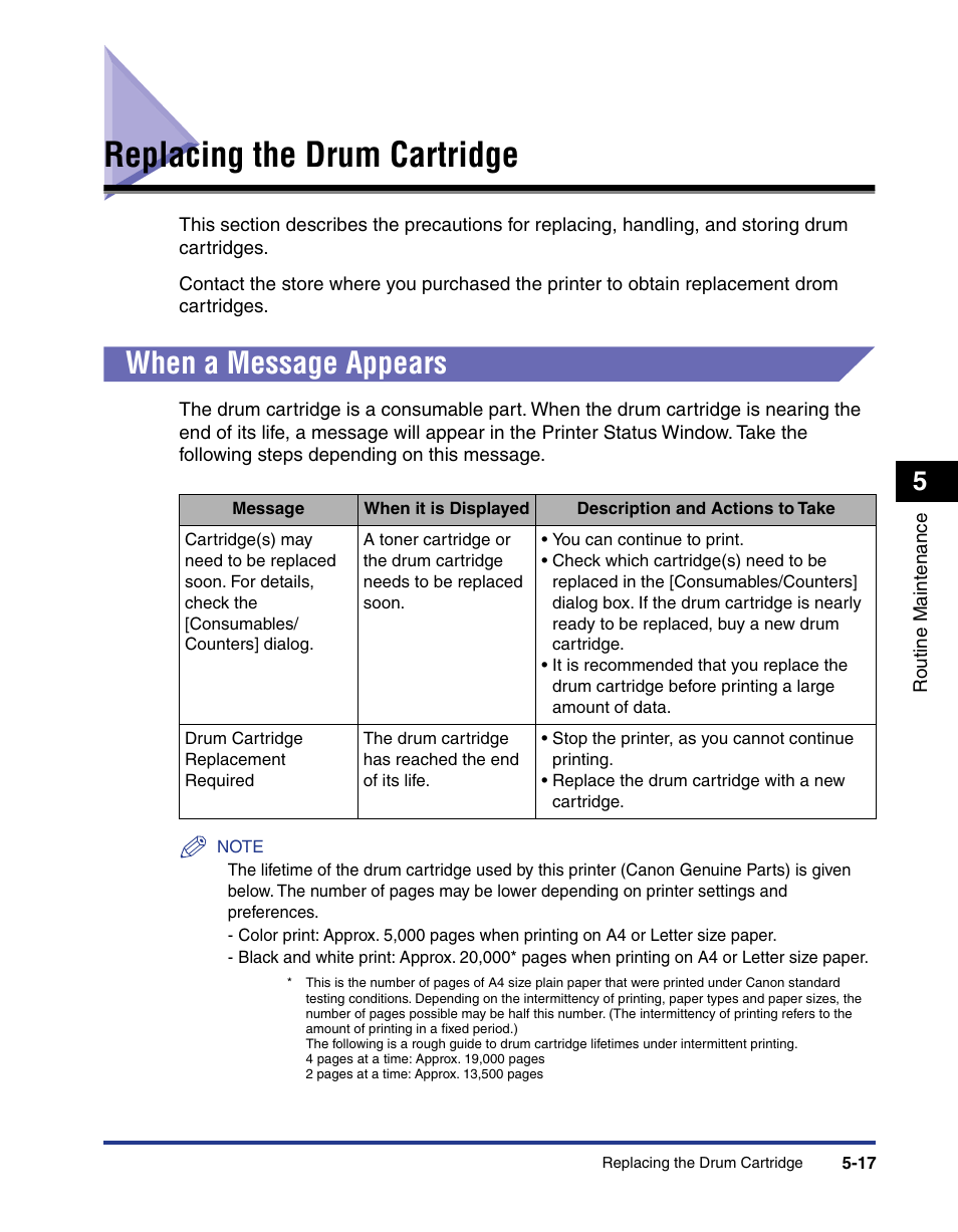 Replacing the drum cartridge, When a message appears, Replacing the drum cartridge -17 | When a message appears -17 | Axis Communications LBP 5200 User Manual | Page 264 / 389