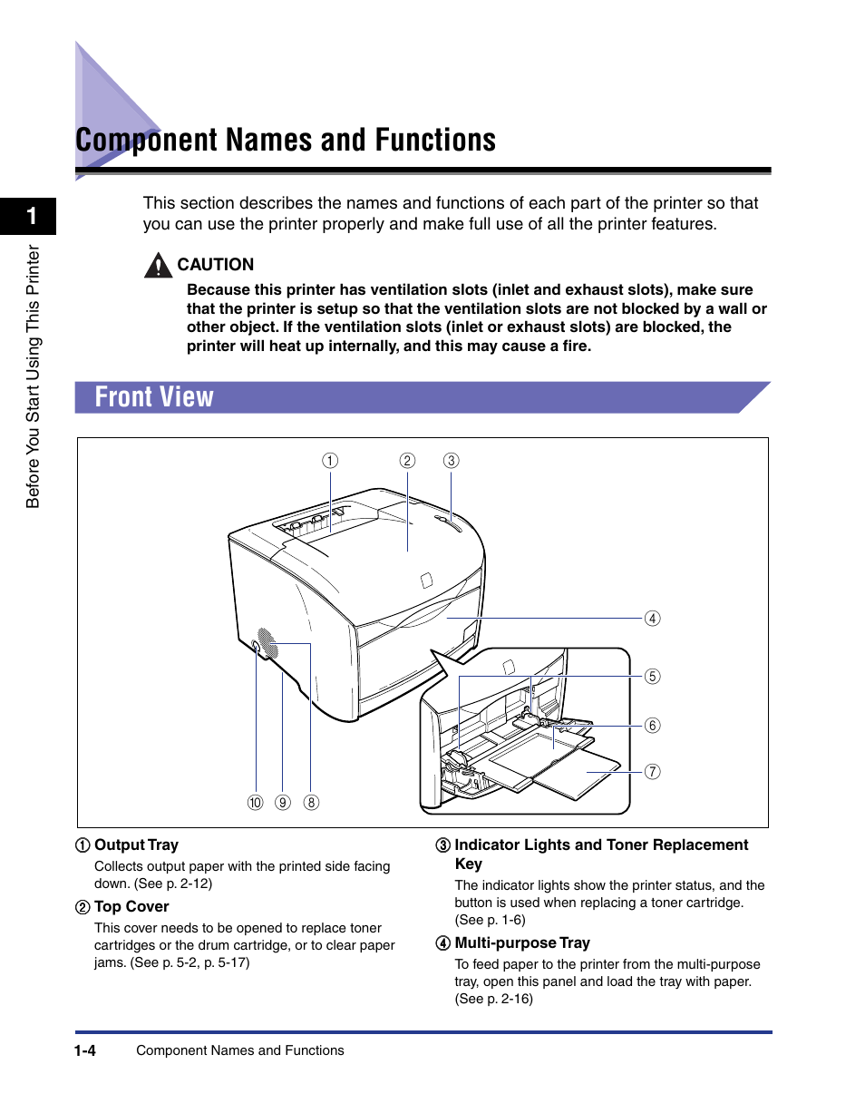 Component names and functions, Front view, Component names and functions -4 | Front view -4 | Axis Communications LBP 5200 User Manual | Page 27 / 389