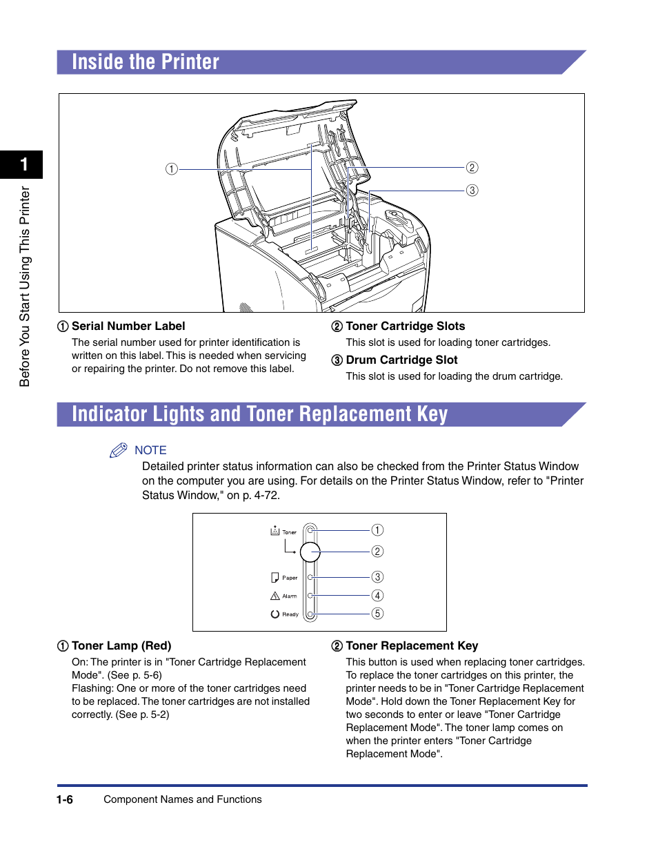 Inside the printer, Indicator lights and toner replacement key, Inside the printer -6 | Indicator lights and toner replacement key -6, See p. 1-6) | Axis Communications LBP 5200 User Manual | Page 29 / 389