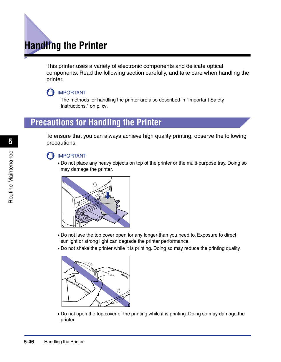 Handling the printer, Precautions for handling the printer, Handling the printer -46 | Precautions for handling the printer -46 | Axis Communications LBP 5200 User Manual | Page 293 / 389