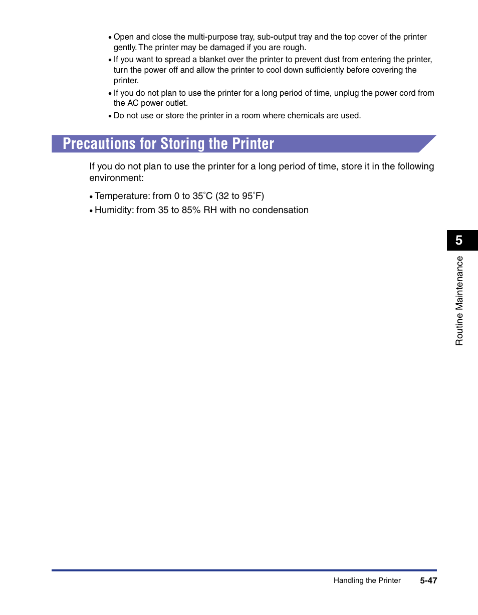 Precautions for storing the printer, Precautions for storing the printer -47 | Axis Communications LBP 5200 User Manual | Page 294 / 389