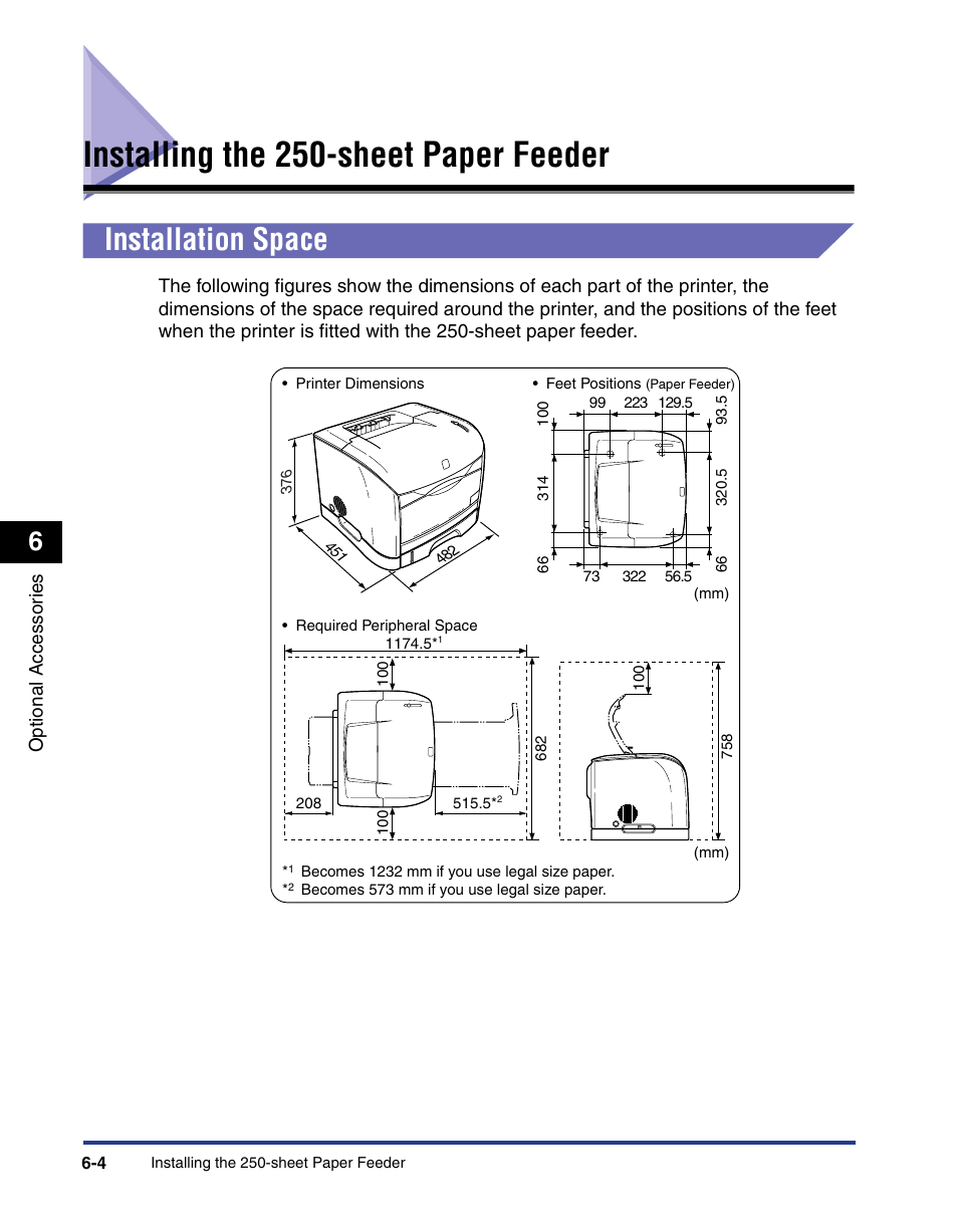Installing the 250-sheet paper feeder, Installation space, Installing the 250-sheet paper feeder -4 | Installation space -4 | Axis Communications LBP 5200 User Manual | Page 299 / 389