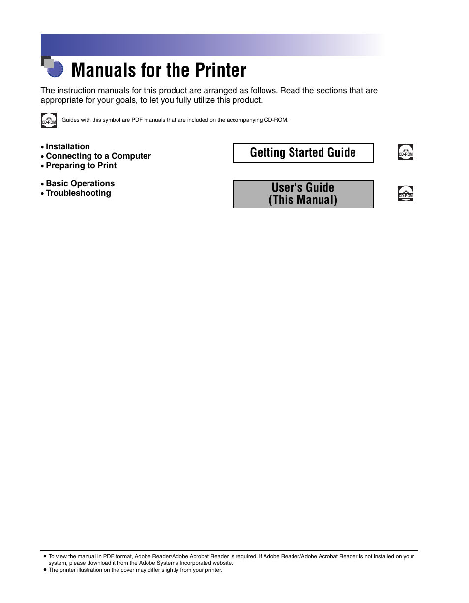 Manuals for the printer, Getting started guide, User's guide (this manual) | Axis Communications LBP 5200 User Manual | Page 3 / 389