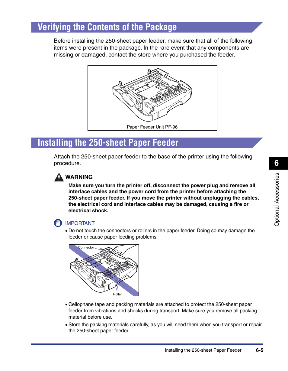 Verifying the contents of the package, Installing the 250-sheet paper feeder | Axis Communications LBP 5200 User Manual | Page 300 / 389