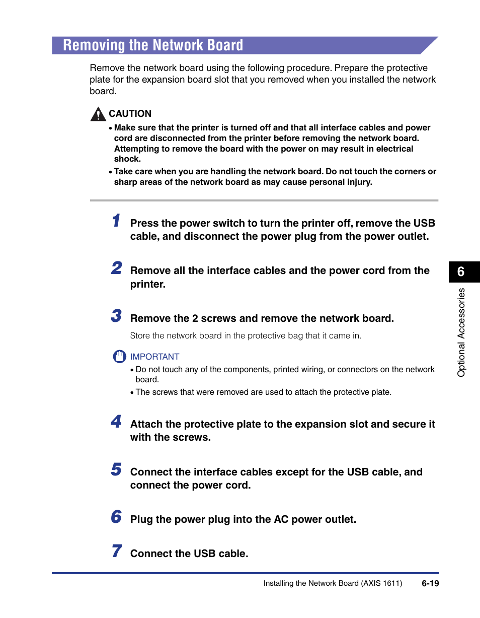 Removing the network board, Removing the network board -19 | Axis Communications LBP 5200 User Manual | Page 314 / 389