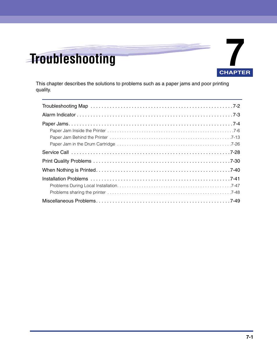 Chapter 7 troubleshooting, Chapter 7, Troubleshooting | Axis Communications LBP 5200 User Manual | Page 316 / 389