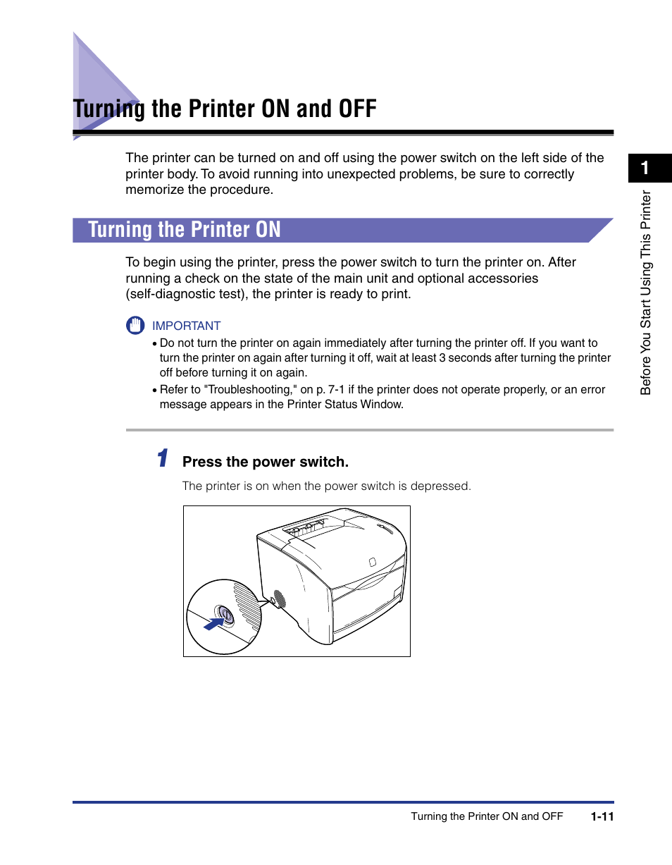 Turning the printer on and off, Turning the printer on, Turning the printer on and off -11 | Turning the printer on -11 | Axis Communications LBP 5200 User Manual | Page 34 / 389