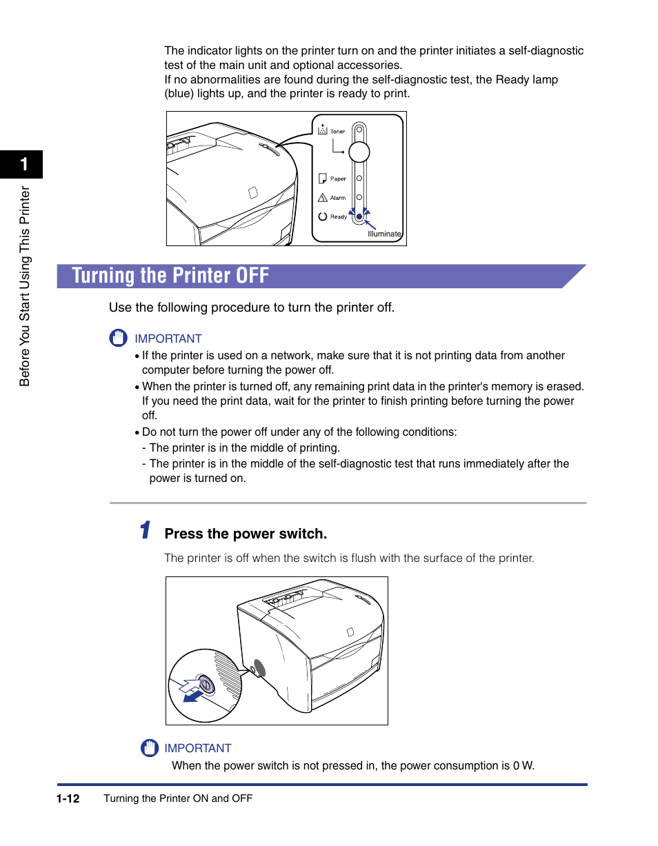 Turning the printer off, Turning the printer off -12 | Axis Communications LBP 5200 User Manual | Page 35 / 389