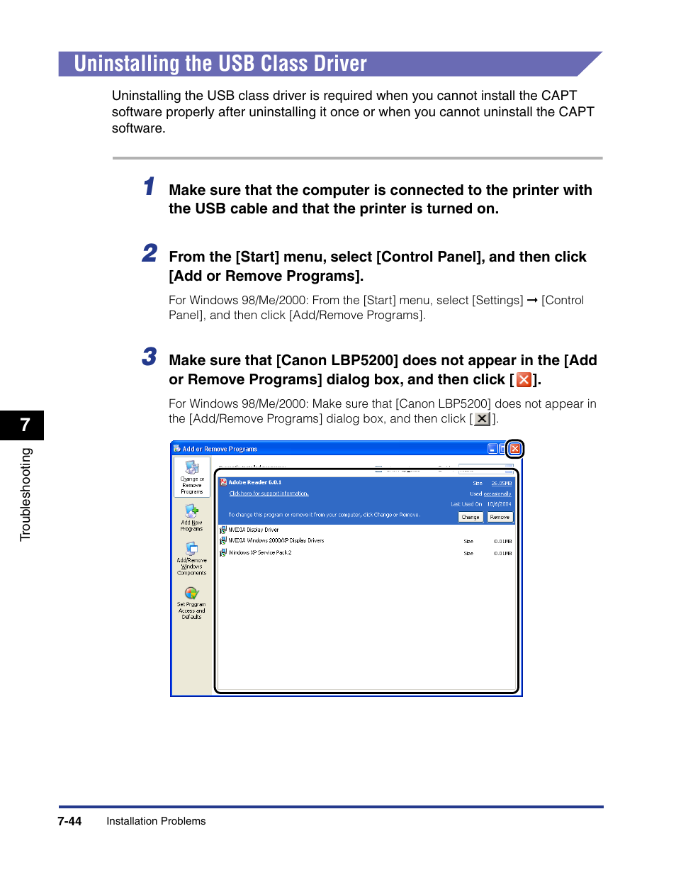 Uninstalling the usb class driver, Uninstalling the usb class driver -44 | Axis Communications LBP 5200 User Manual | Page 359 / 389