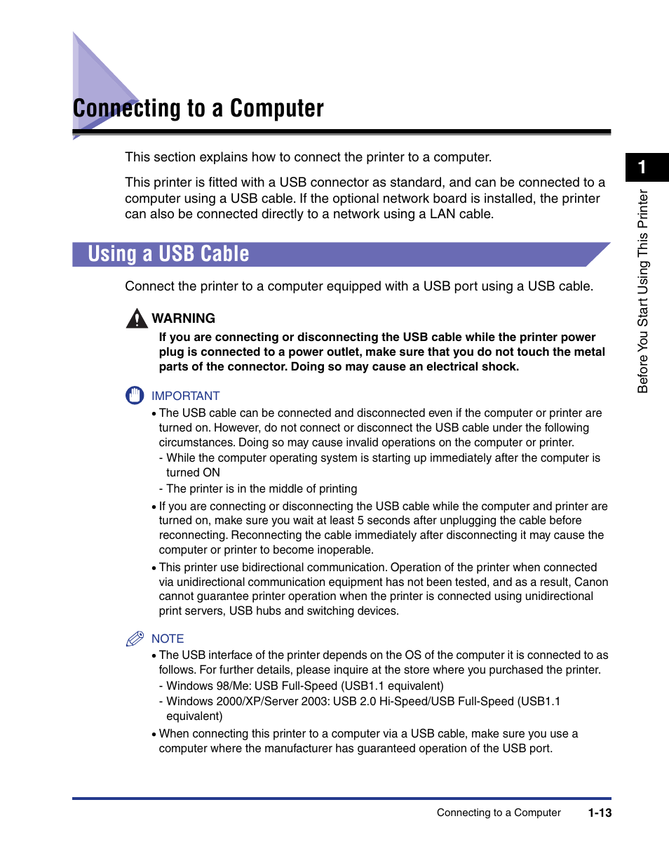 Connecting to a computer, Using a usb cable, Connecting to a computer -13 | Using a usb cable -13, See p. 1-13) | Axis Communications LBP 5200 User Manual | Page 36 / 389