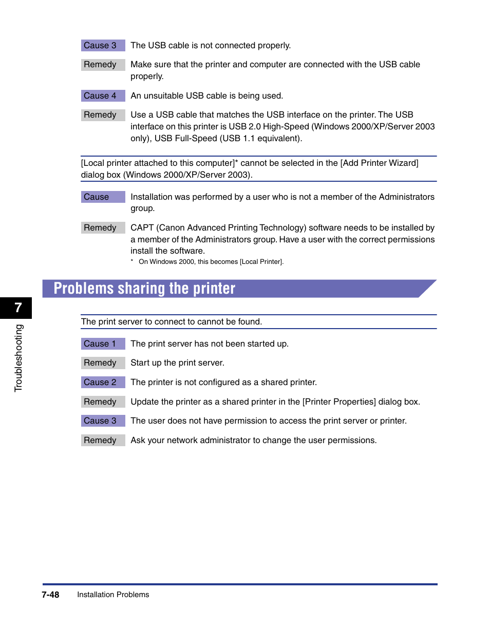 Problems sharing the printer, Problems sharing the printer -48 | Axis Communications LBP 5200 User Manual | Page 363 / 389