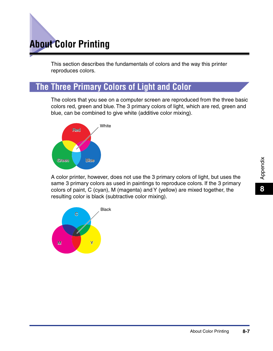 About color printing, The three primary colors of light and color, About color printing -7 | The three primary colors of light and color -7 | Axis Communications LBP 5200 User Manual | Page 372 / 389