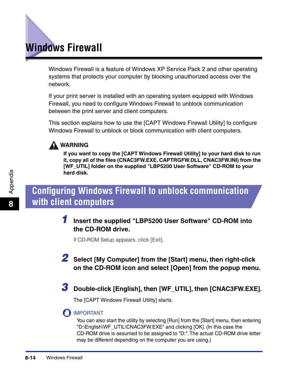 Windows firewall, Windows firewall -14 | Axis Communications LBP 5200 User Manual | Page 379 / 389