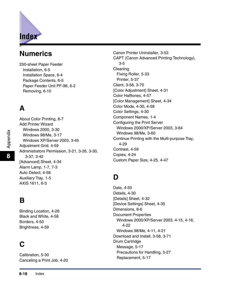 Index, Index -18, Numerics | Axis Communications LBP 5200 User Manual | Page 383 / 389