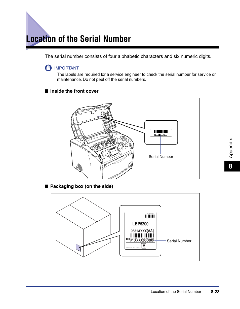 Location of the serial number, Location of the serial number -23, Serial number, 8-23 | Axis Communications LBP 5200 User Manual | Page 388 / 389