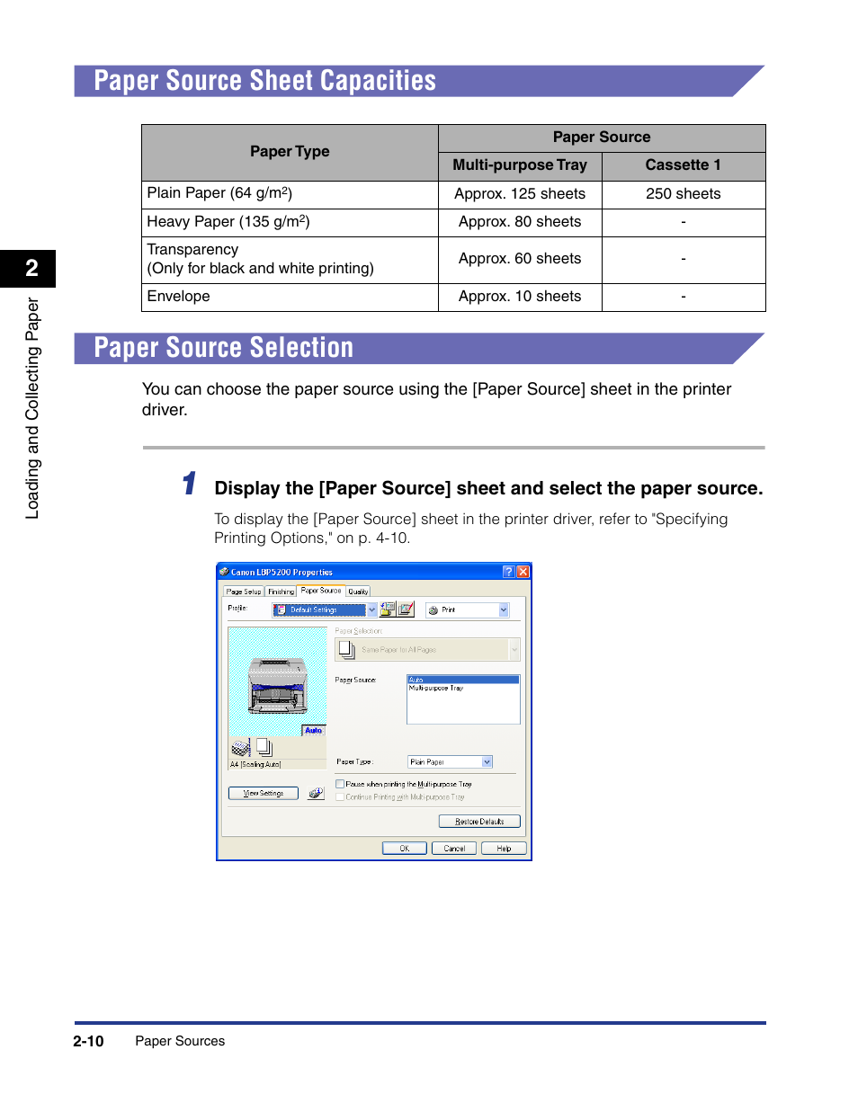 Paper source sheet capacities, Paper source selection, Paper source sheet capacities -10 | Paper source selection -10 | Axis Communications LBP 5200 User Manual | Page 49 / 389