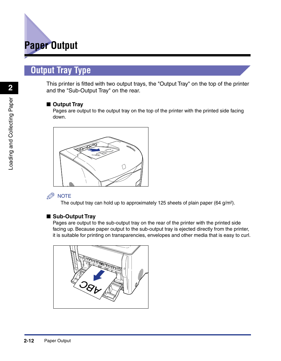 Paper output, Output tray type, Paper output -12 | Output tray type -12, See p. 2-12) | Axis Communications LBP 5200 User Manual | Page 51 / 389