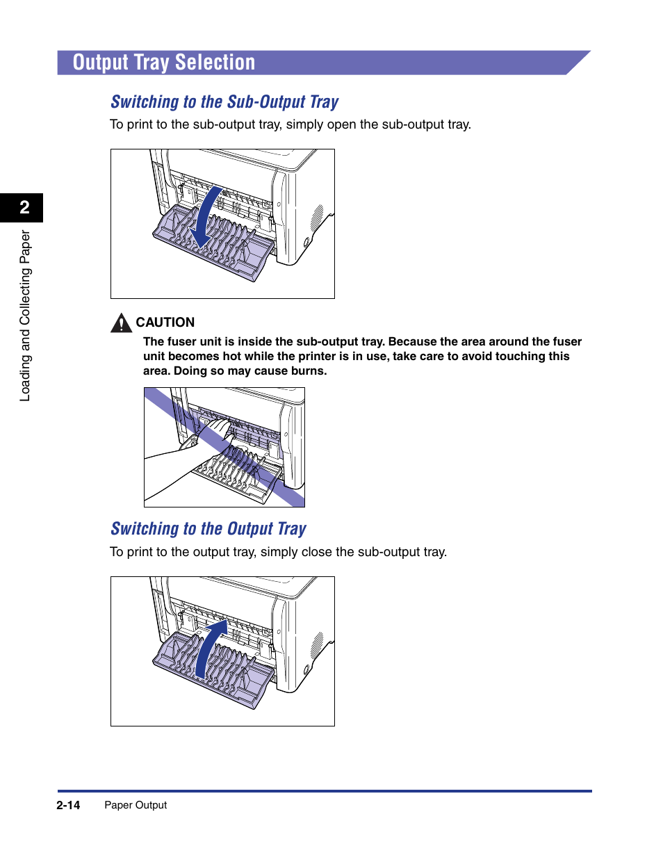 Output tray selection, Output tray selection -14, Switching to the sub-output tray | Switching to the output tray | Axis Communications LBP 5200 User Manual | Page 53 / 389