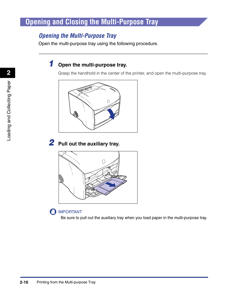 Opening and closing the multi-purpose tray, Opening and closing the multi-purpose tray -16, Opening the multi-purpose tray -16 | See p. 2-16) | Axis Communications LBP 5200 User Manual | Page 55 / 389