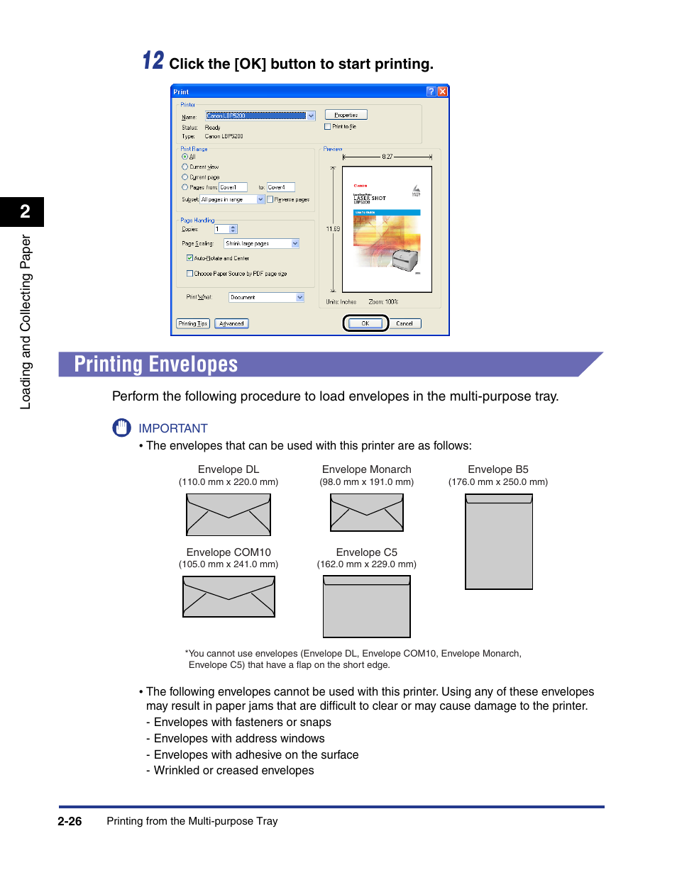 Printing envelopes, Printing envelopes -26 | Axis Communications LBP 5200 User Manual | Page 65 / 389