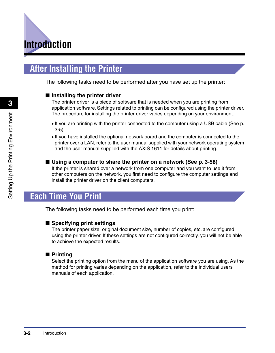 Introduction, After installing the printer, Each time you print | Introduction -2, After installing the printer -2, Each time you print -2 | Axis Communications LBP 5200 User Manual | Page 87 / 389