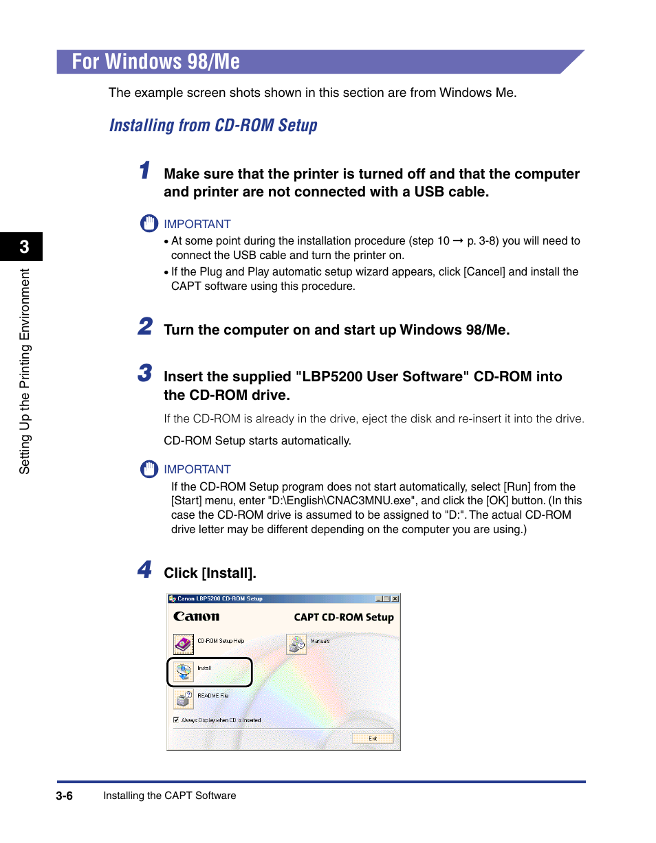 For windows 98/me, For windows 98/me -6, Installing from cd-rom setup -6 | Ws 98/me (see p. 3-6) | Axis Communications LBP 5200 User Manual | Page 91 / 389