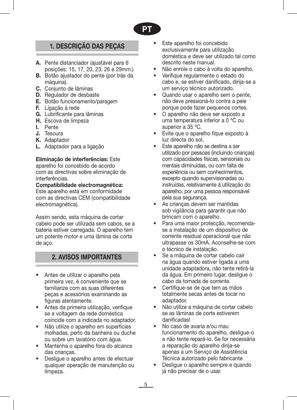 Descrição das peças, Avisos importantes | Fagor MCP-45C User Manual | Page 6 / 46