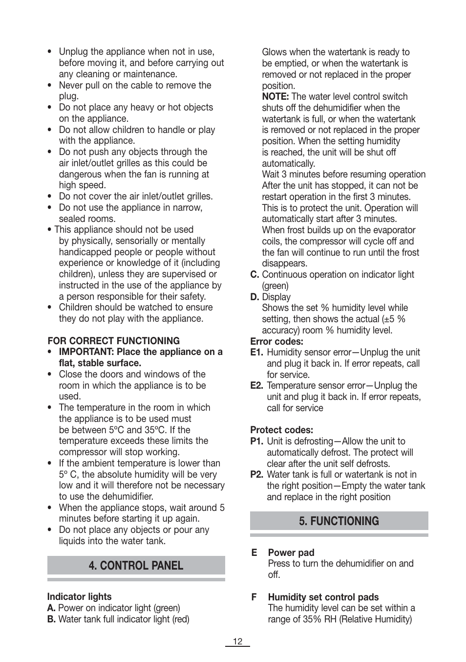 Control panel, Functioning | Fagor DH-10D User Manual | Page 13 / 54