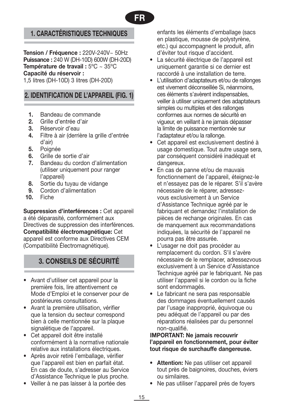 Conseils de sécurité | Fagor DH-10D User Manual | Page 16 / 54