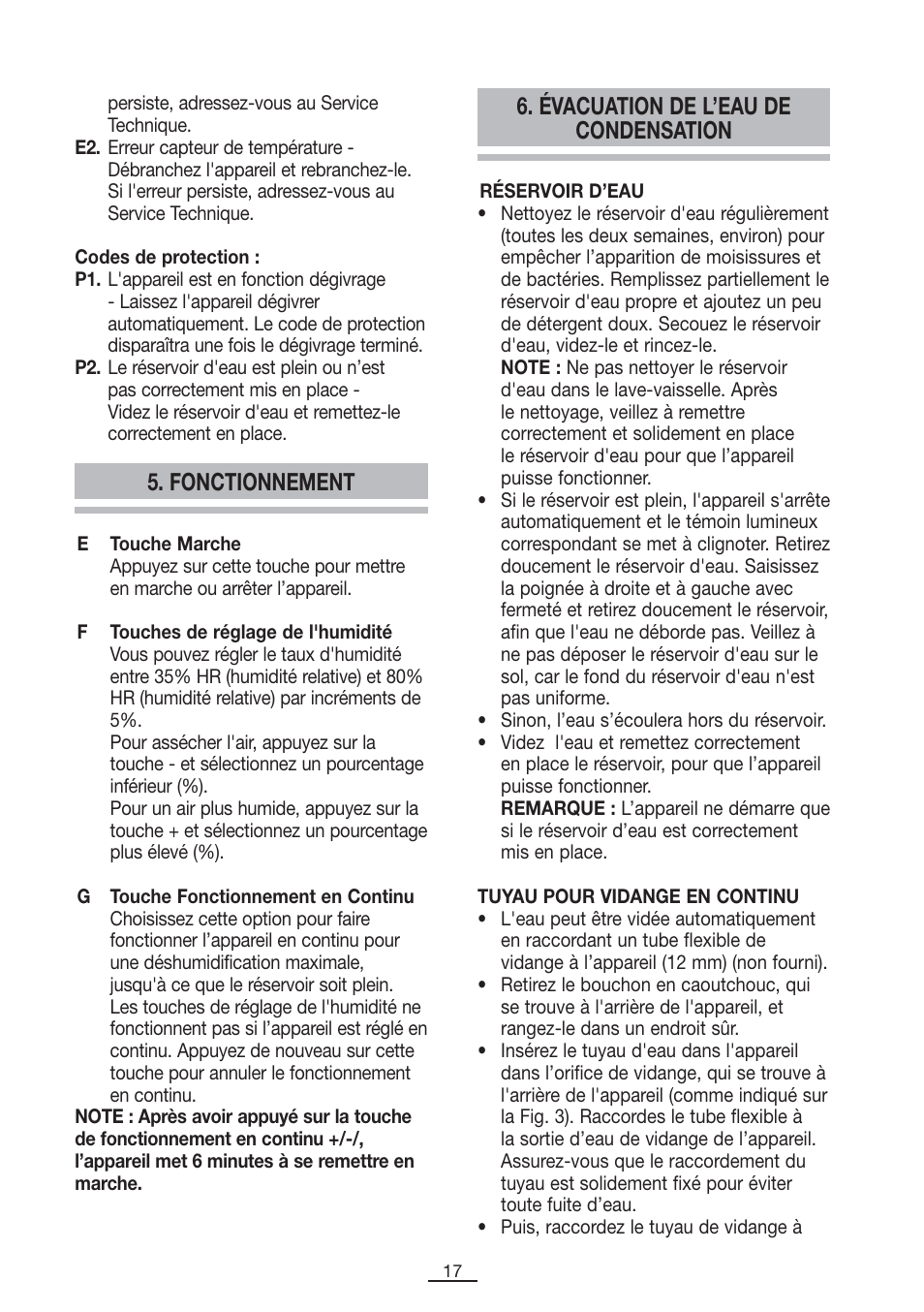 Évacuation de l’eau de condensation, Fonctionnement | Fagor DH-10D User Manual | Page 18 / 54