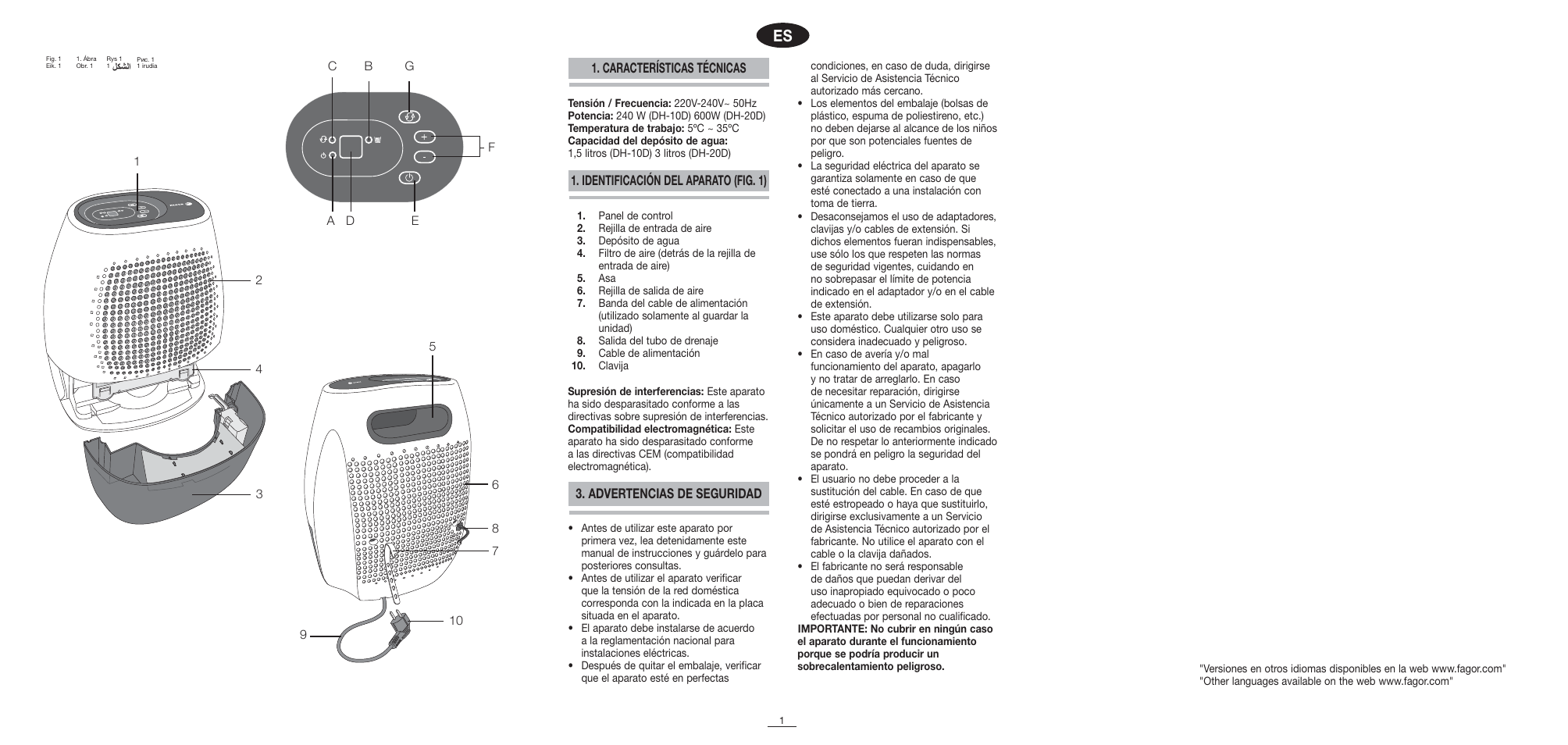 Advertencias de seguridad | Fagor DH-10D User Manual | Page 2 / 54