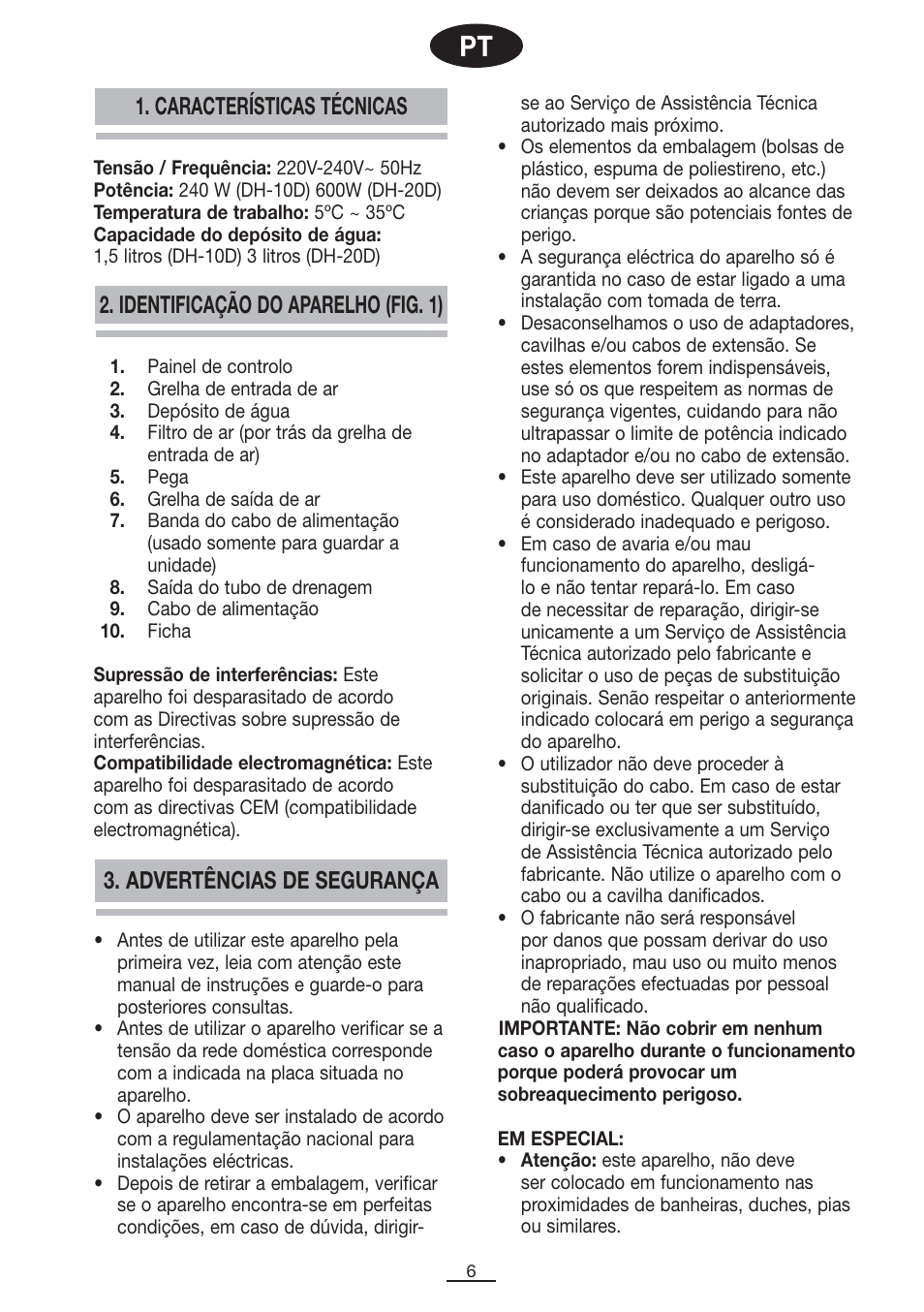 Advertências de segurança | Fagor DH-10D User Manual | Page 7 / 54