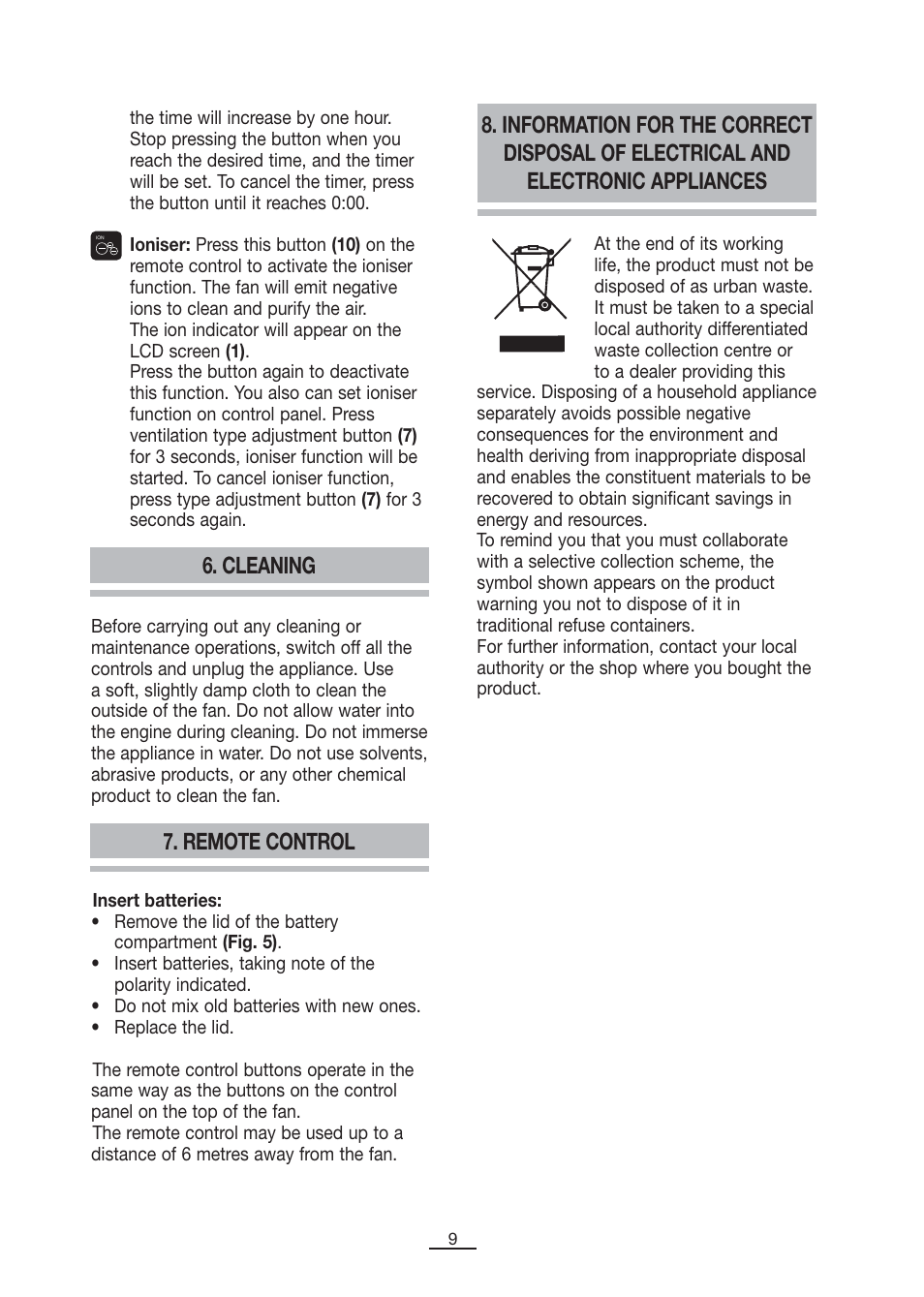 Cleaning, Remote control | Fagor CA-90CI User Manual | Page 10 / 39