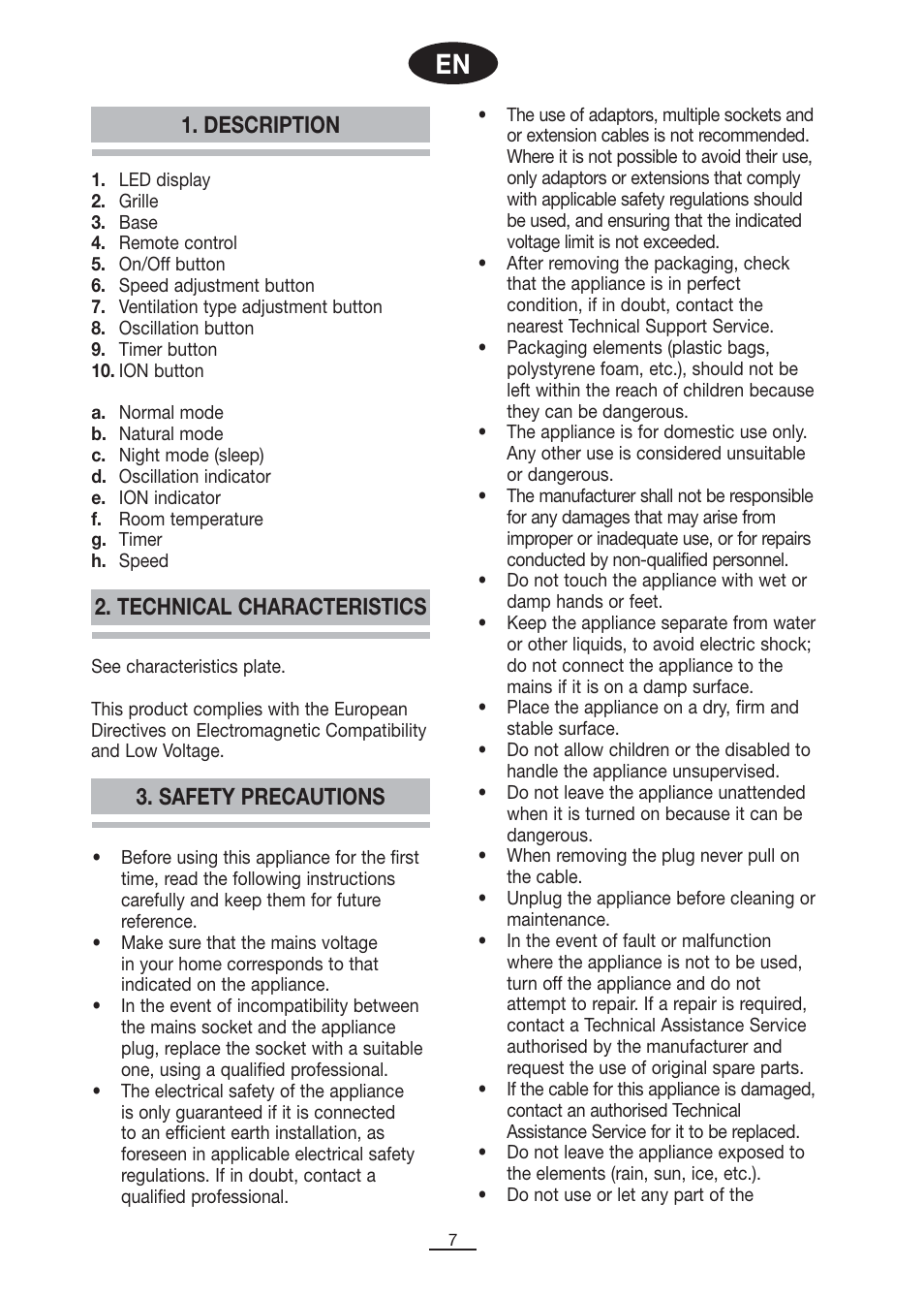 Description, Safety precautions 2. technical characteristics | Fagor CA-90CI User Manual | Page 8 / 39