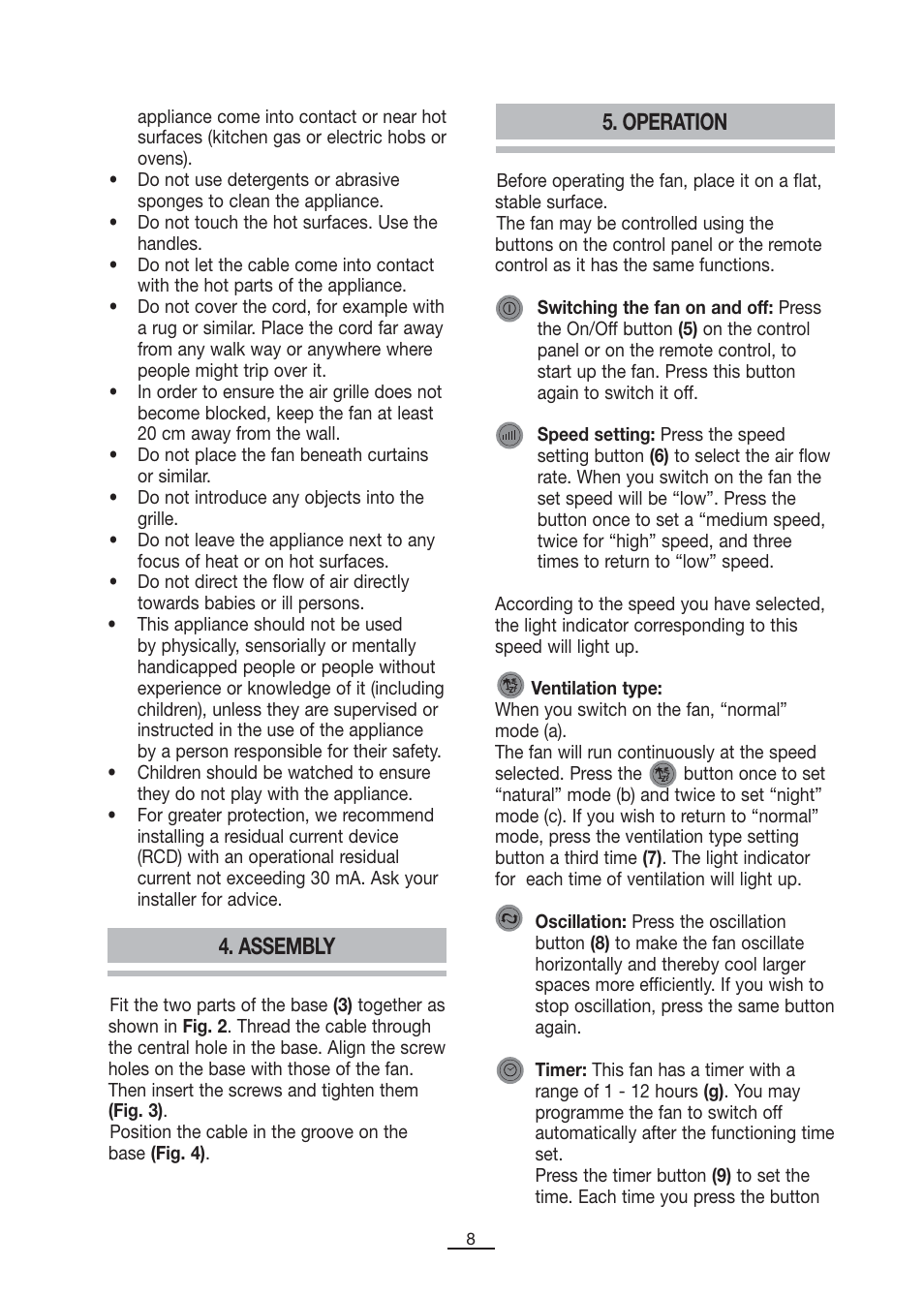 Assembly, Operation | Fagor CA-90CI User Manual | Page 9 / 39