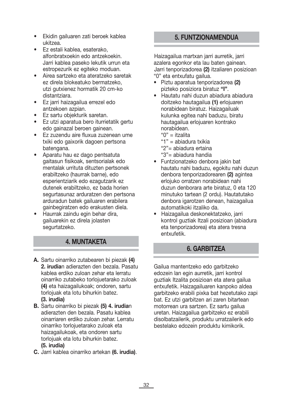 Muntaketa 5. funtzionamendua, Garbitzea | Fagor CA-80 User Manual | Page 33 / 34