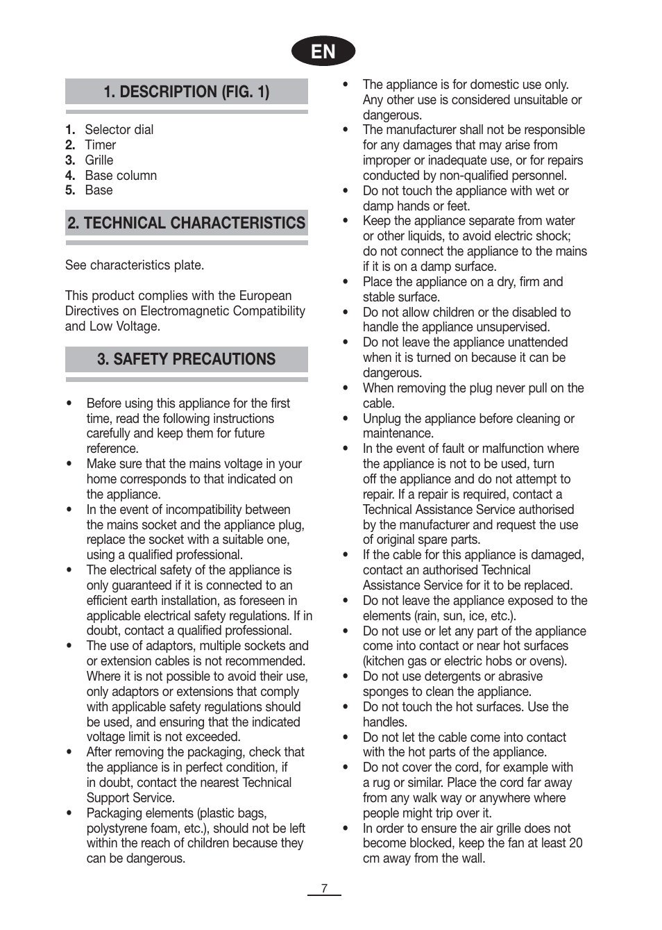 Description (fig. 1), Safety precautions 2. technical characteristics | Fagor CA-80 User Manual | Page 8 / 34