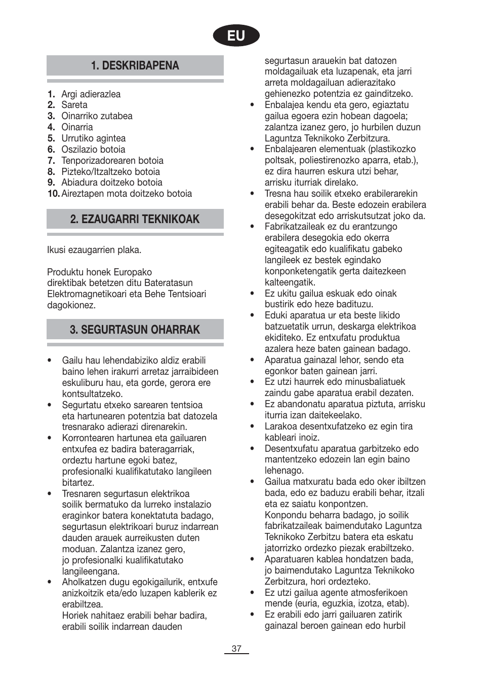 Segurtasun oharrak 1. deskribapena, Ezaugarri teknikoak | Fagor CA-80C User Manual | Page 38 / 40