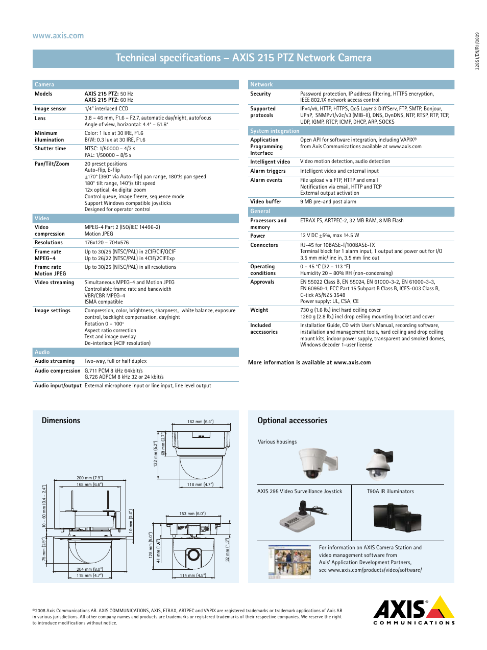 Dimensions optional accessories | Axis Communications 215 PTZ User Manual | Page 2 / 2