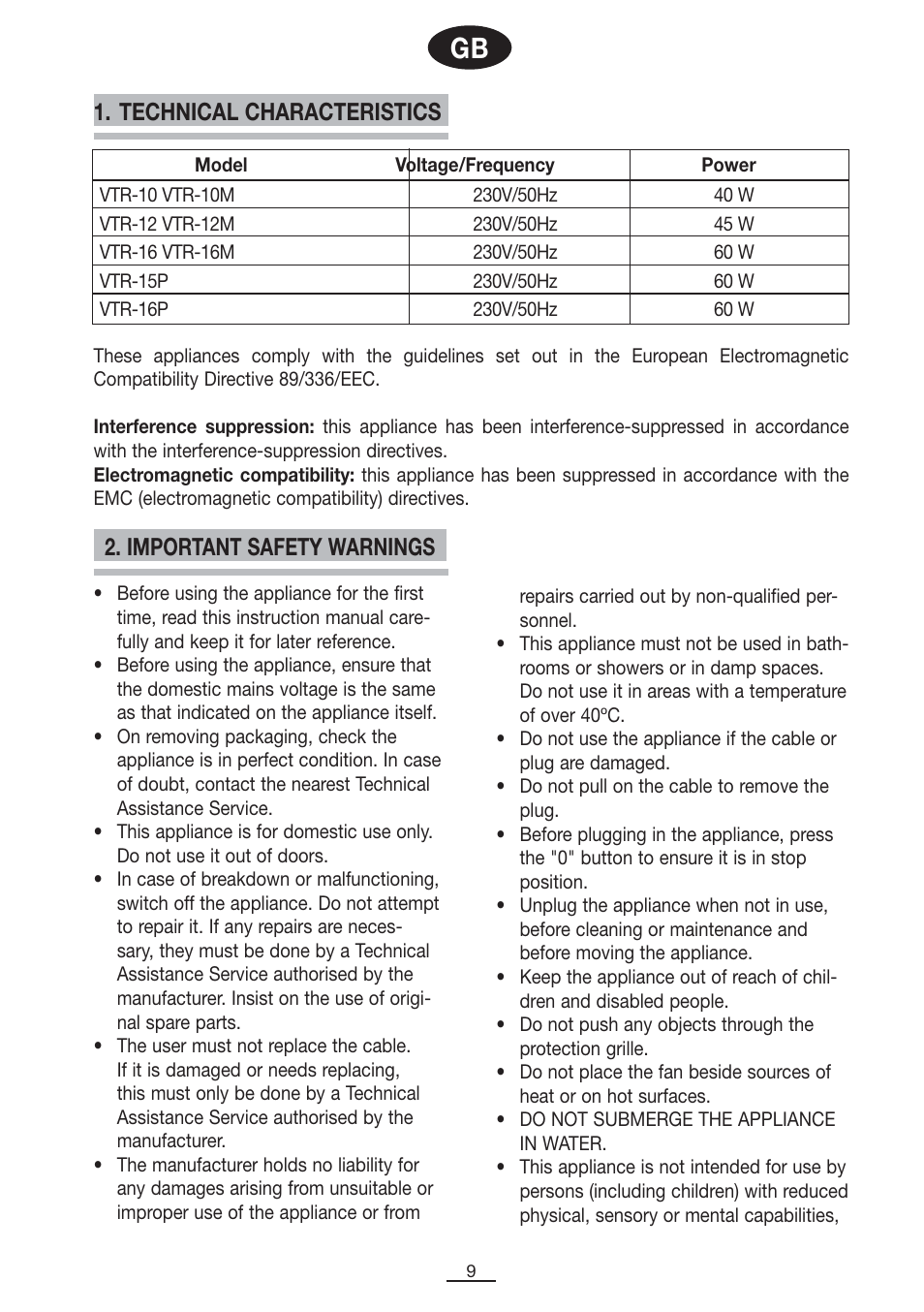 Technical characteristics, Important safety warnings | Fagor VTR-12 User Manual | Page 11 / 42