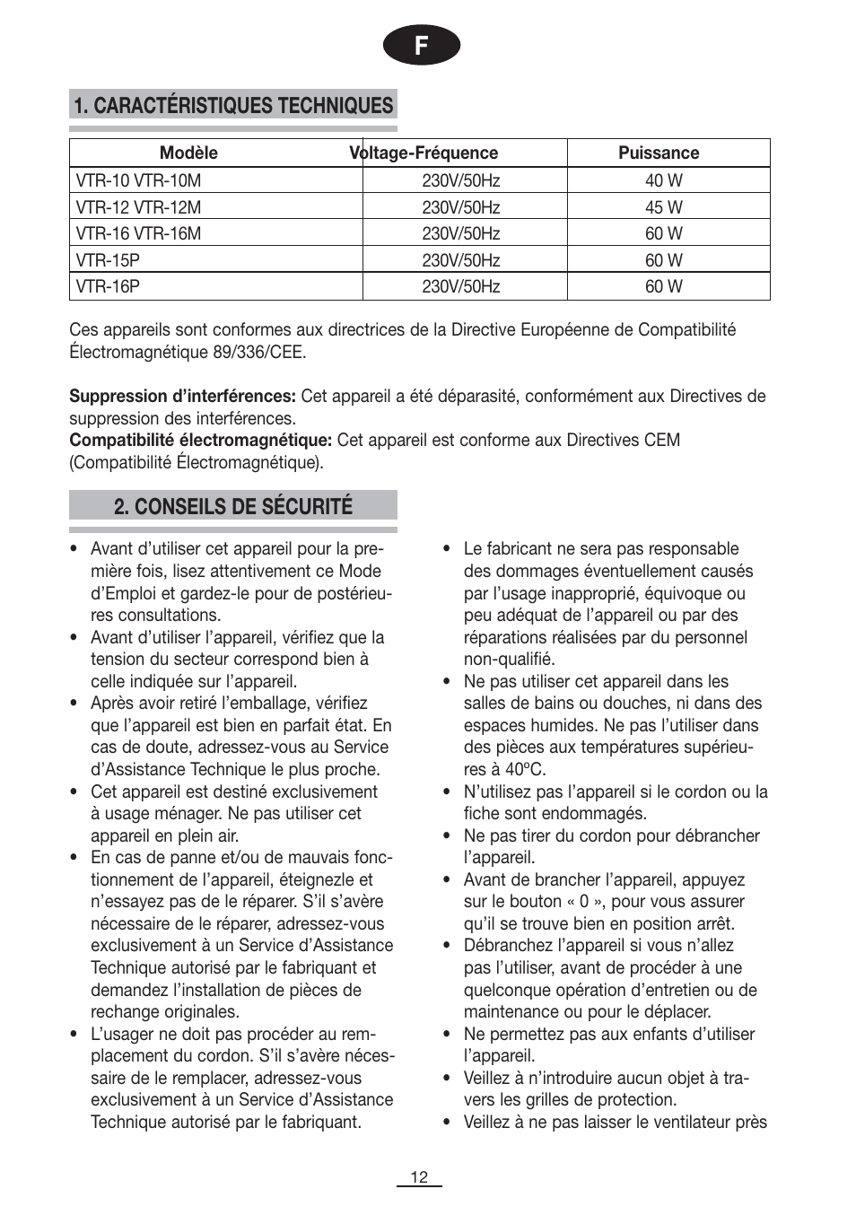 Caractéristiques techniques, Conseils de sécurité | Fagor VTR-12 User Manual | Page 14 / 42