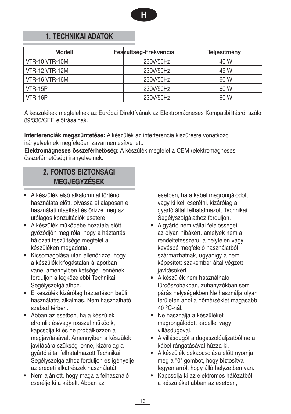 Technikai adatok, Fontos biztonsági megjegyzések | Fagor VTR-12 User Manual | Page 18 / 42