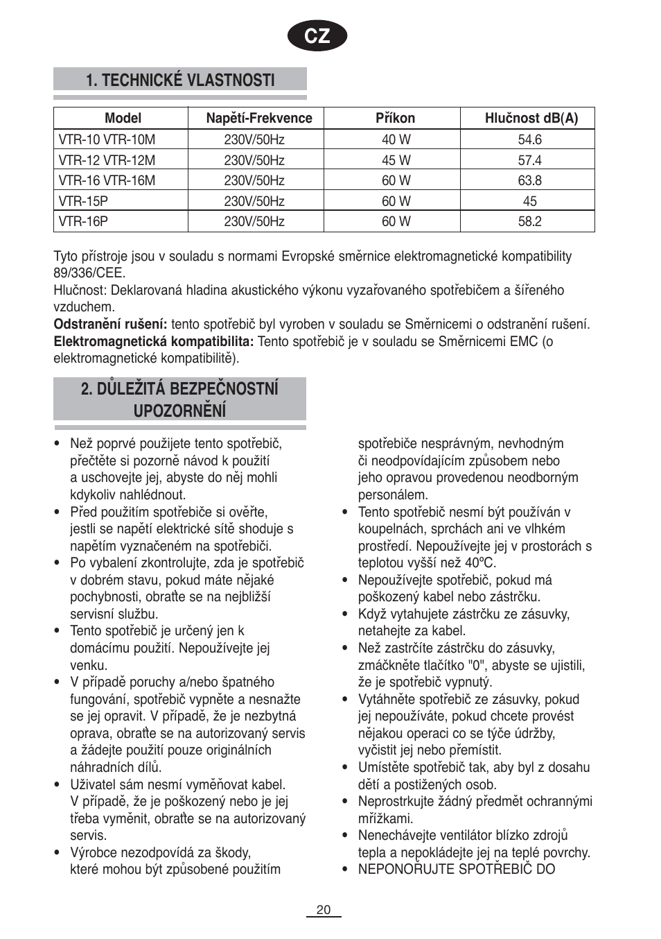 Technické vlastnosti, Důležitá bezpečnostní upozornění | Fagor VTR-12 User Manual | Page 22 / 42