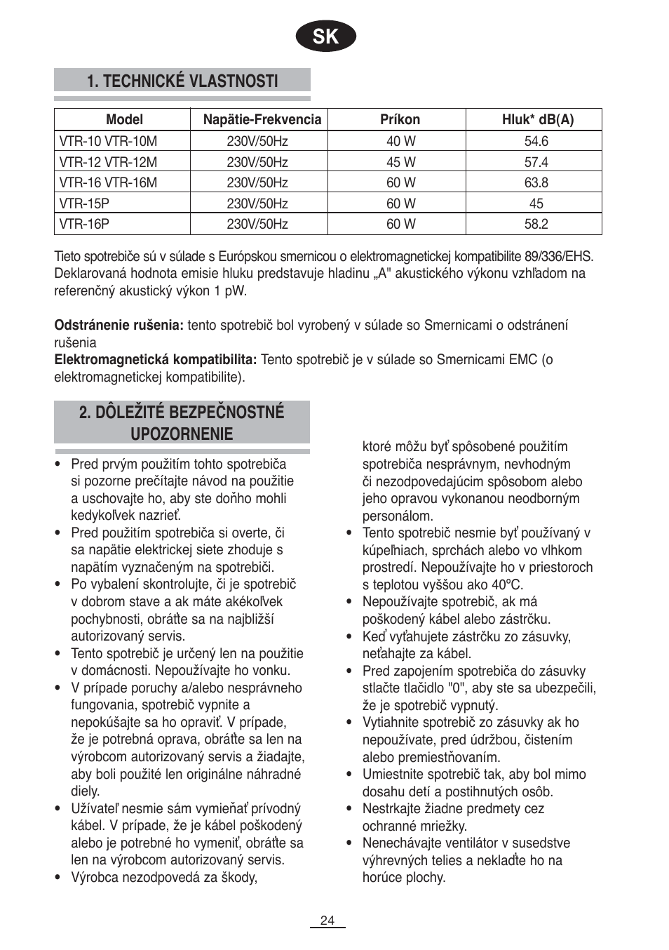 Technické vlastnosti, Dôležité bezpečnostné upozornenie | Fagor VTR-12 User Manual | Page 26 / 42