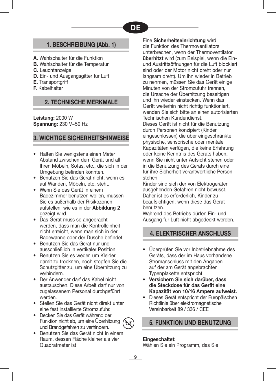 Beschreibung (abb. 1), Technische merkmale 4. elektrischer anschluss, Wichtige sicherheitshinweise | Funktion und benutzung | Fagor TRV-300 User Manual | Page 10 / 26