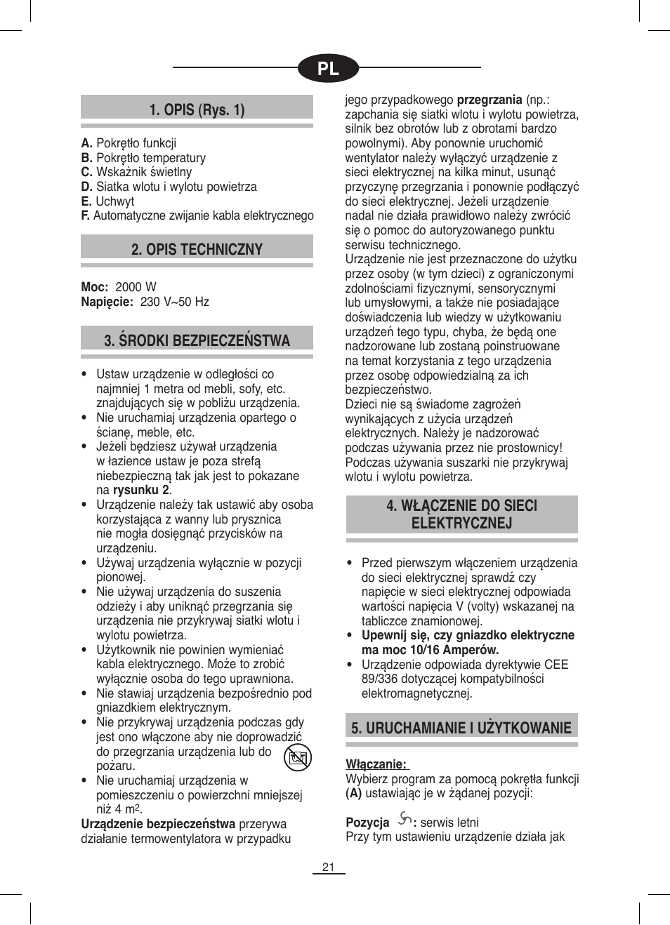 Opis (rys. 1), Opis techniczny 4. włączenie do sieci elektrycznej, Środki bezpieczeństwa | Uruchamianie i użytkowanie | Fagor TRV-300 User Manual | Page 22 / 26