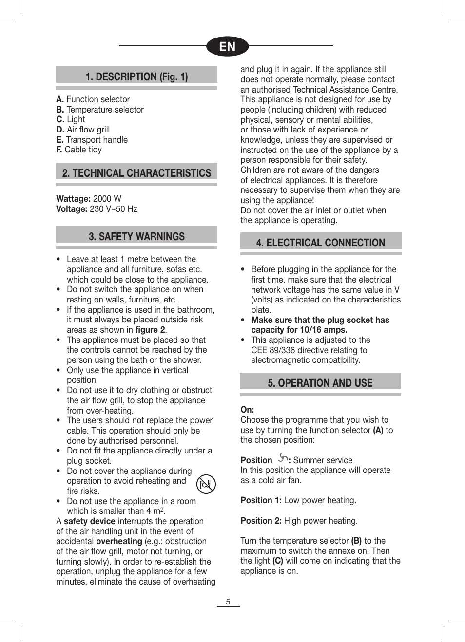 Description (fig. 1), Technical characteristics 4. electrical connection, Safety warnings | Operation and use | Fagor TRV-300 User Manual | Page 6 / 26