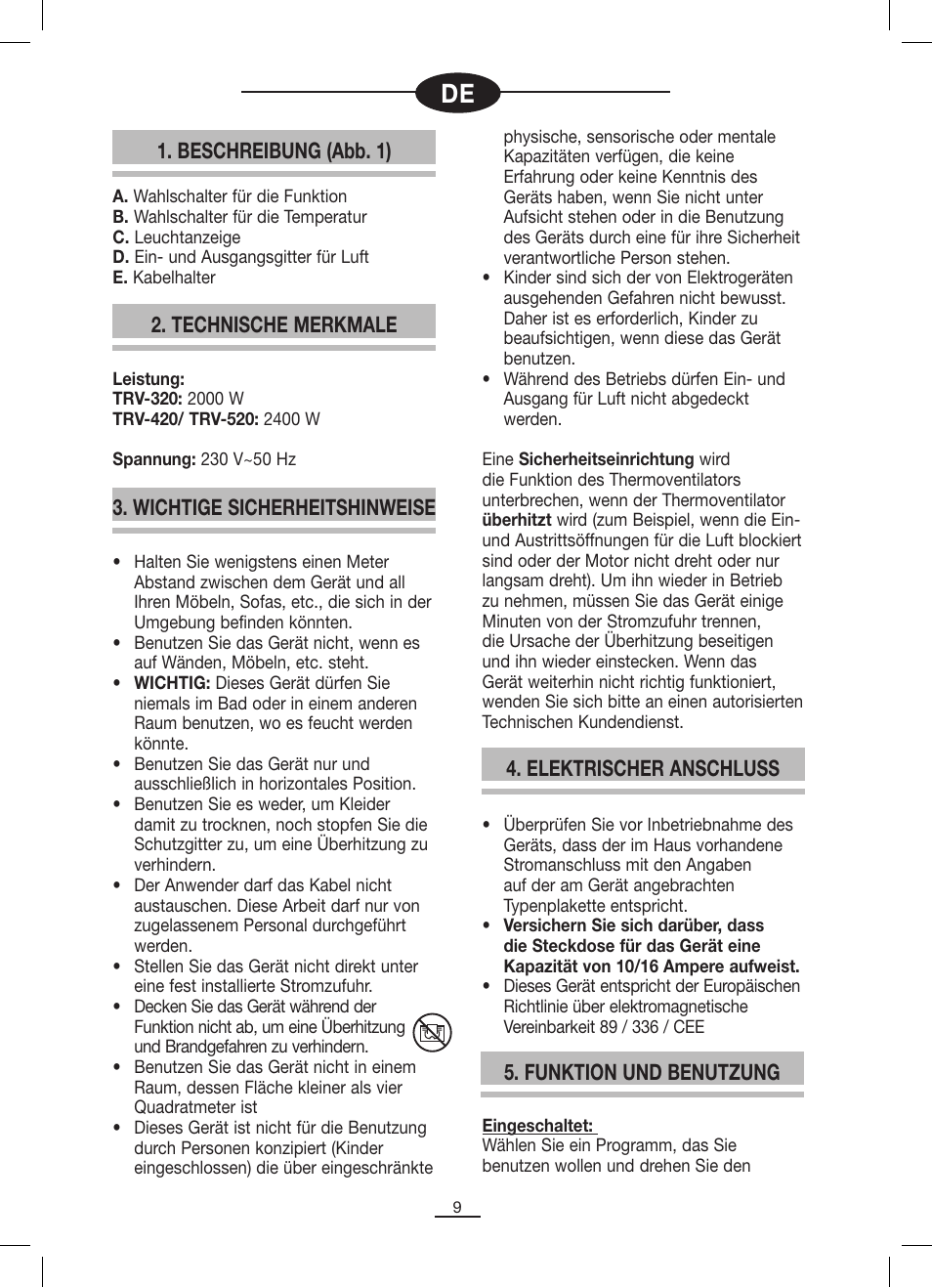 Beschreibung (abb. 1), Technische merkmale 4. elektrischer anschluss, Wichtige sicherheitshinweise | Funktion und benutzung | Fagor TRV-320 User Manual | Page 10 / 26