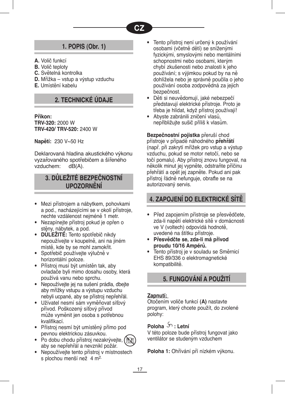 Popis (obr. 1), Technické údaje 4. zapojení do elektrické sítě, Důležité bezpečnostní upozornění | Fungování a použití | Fagor TRV-320 User Manual | Page 18 / 26